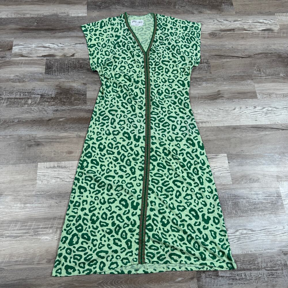 Pitusa Green Leopard Print Pima Cotton Maxi Caftan Cover Up Dress